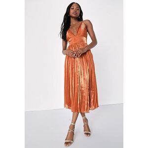 Lulus Romantic Aesthetic Shiny Rust Orange Pleated Midi Dress - Size S